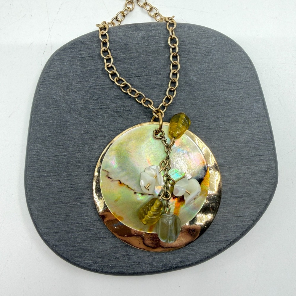 Iridescent Shell Disc Pendant Necklace Gold Tone Beaded Boho Statement Large